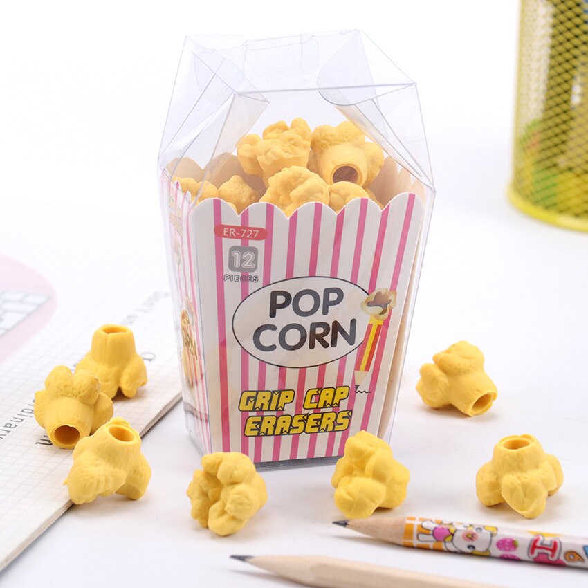 12 Stks/doos Kawaii Voedsel Popcorn Gummen Mooie Potlood Gum Voor Kids Creatieve Koreaanse Briefpapier Nieuwtje