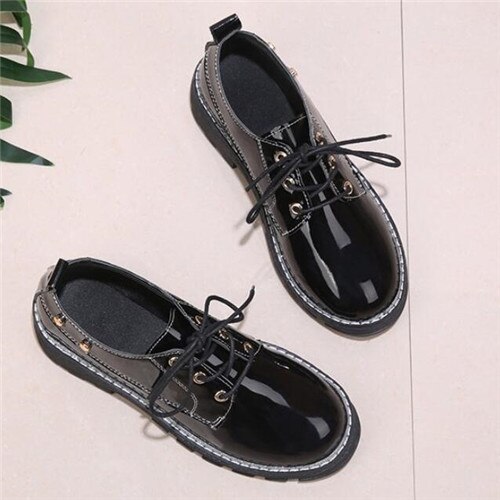 mujeres pisos británico estilo Oxford Zapatos mujeres encaje casual Up Pu pisos Zapatos Mujer señoras Zapatos: 1922 Black glossy / 35