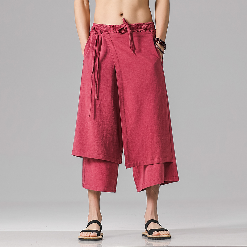 Heren Casual Withe Wijde Pijpen Broek Heren Onregelmatige Katoenen Linnen Harembroek Man Effen Vintage Rokken Broek M-5XL: M / Rood