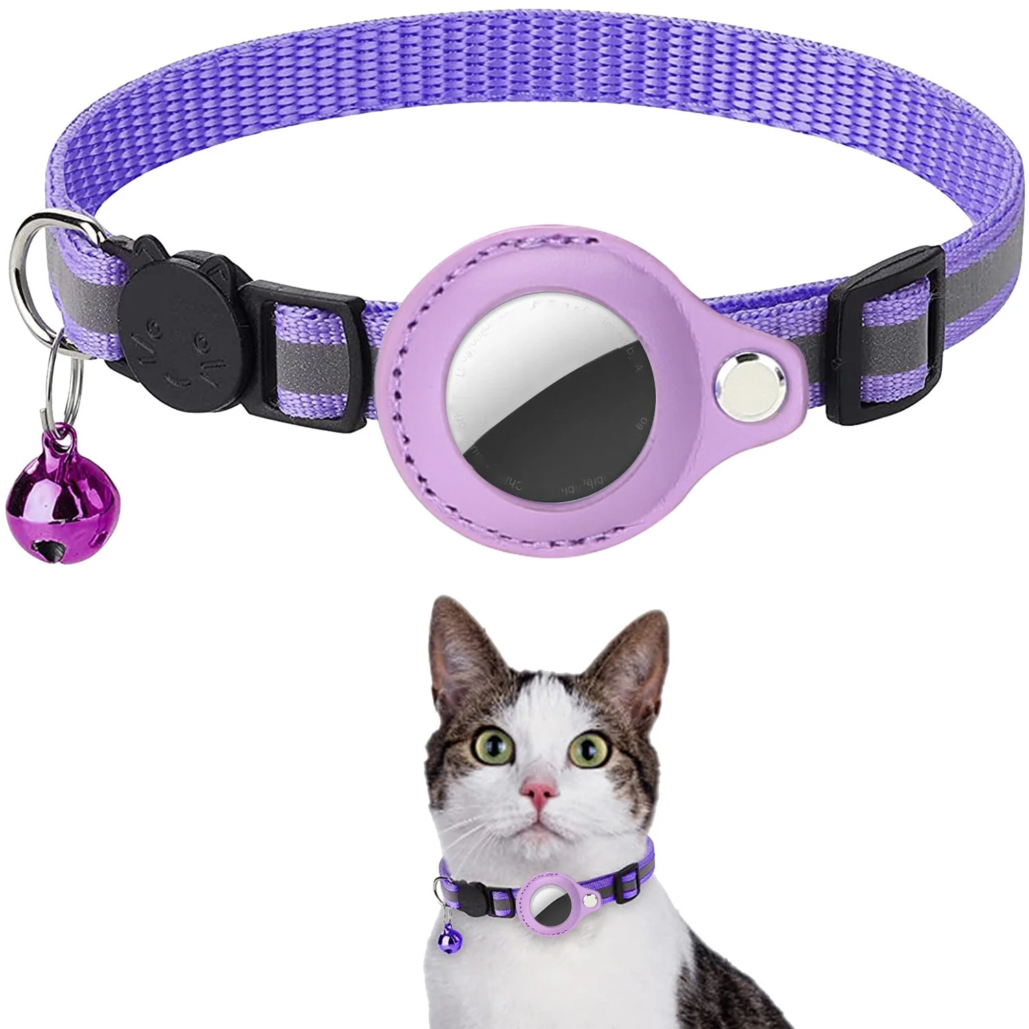 Gato airtag titular colar breakaway tiras reflexivas ajustável gatinho colar à prova dwaterproof água gato sino colar pet air tag caso: ROXO