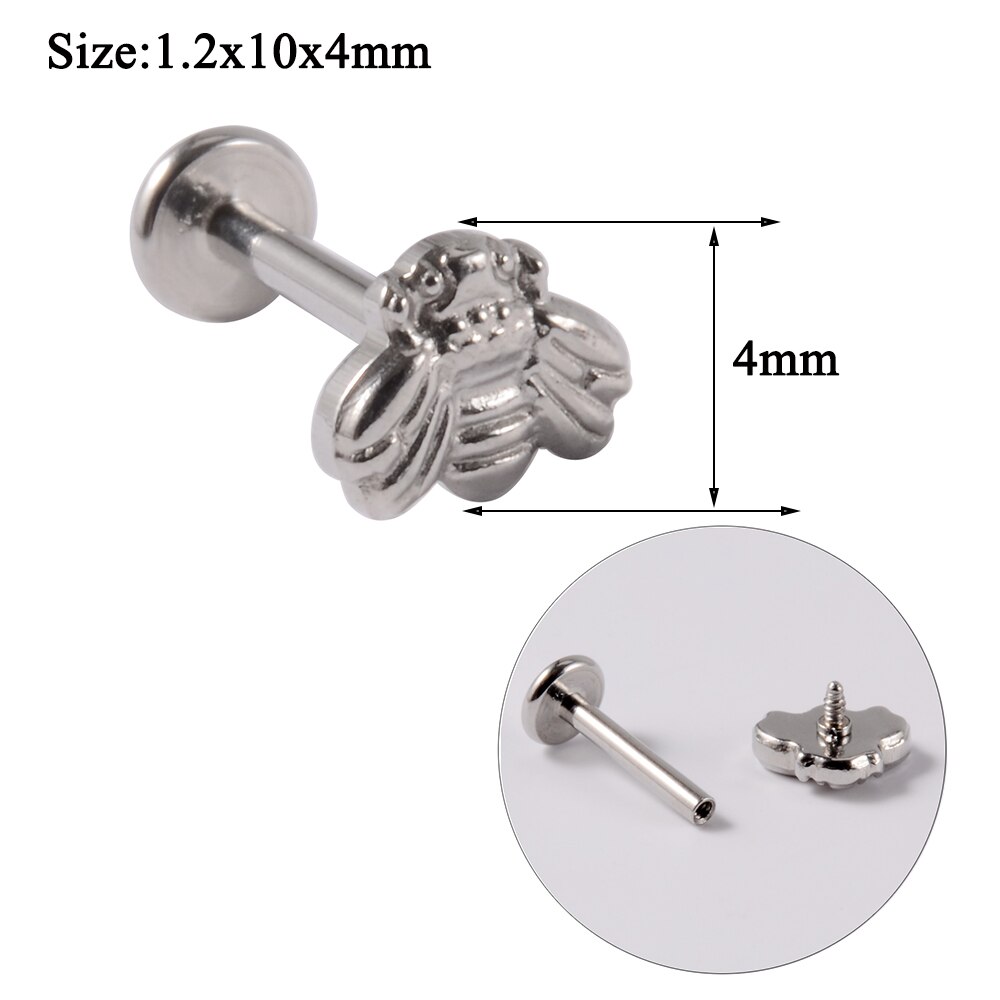 1 pz acciaio inossidabile ape orecchini a bottone Tragus cartilagine orecchino Piercing ape filettato internamente Labret Stud Piercing gioielli per il corpo: Silver Bee 10mm Bar