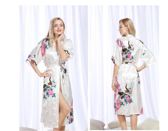 Peignoir kimono en satin pour femmes, vêtements de nuit longs, en élasthanne, motif imprimé paon floral, pour fête, mariage, demoiselle d'honneur