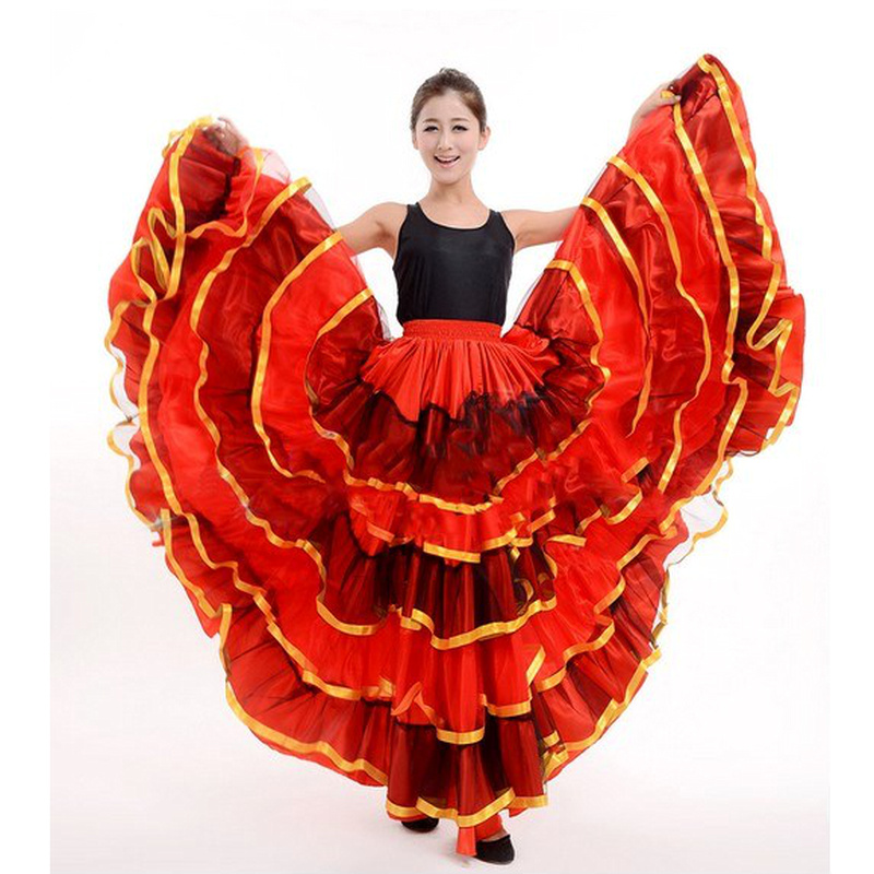 Womens Ballroom Spanish Flamenco Dance Skirt Red Dancer Fancy Dress Costume Belly Dancing Skirts 360/540/720 Degree
