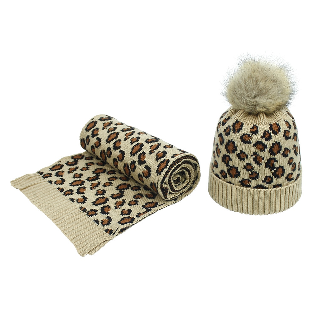 Leopard strik kvinder hat med et tørklæde kugle imiteret faux pels hatte tørklæder sæt vinter tilbehør til damer sjaal muts: 4