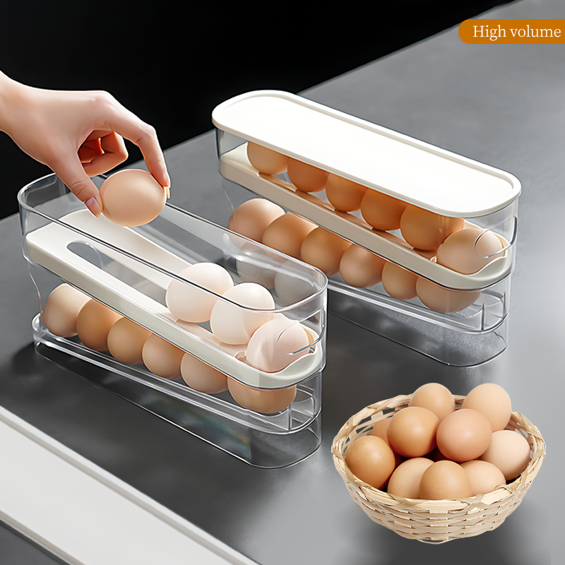 Estante para huevos de desplazamiento automático, soporte para huevos de cocina, caja de almacenamiento, cesta para huevos, contenedor, organizador, dispensador de huevos para refrigerador enrollable