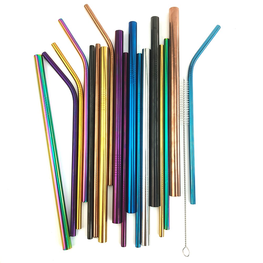 5pcs Eco Friendly Reusable Straw 304 Stainless Steel Straw Metal Smoothies Drinking Straws Set with Brush & Bag