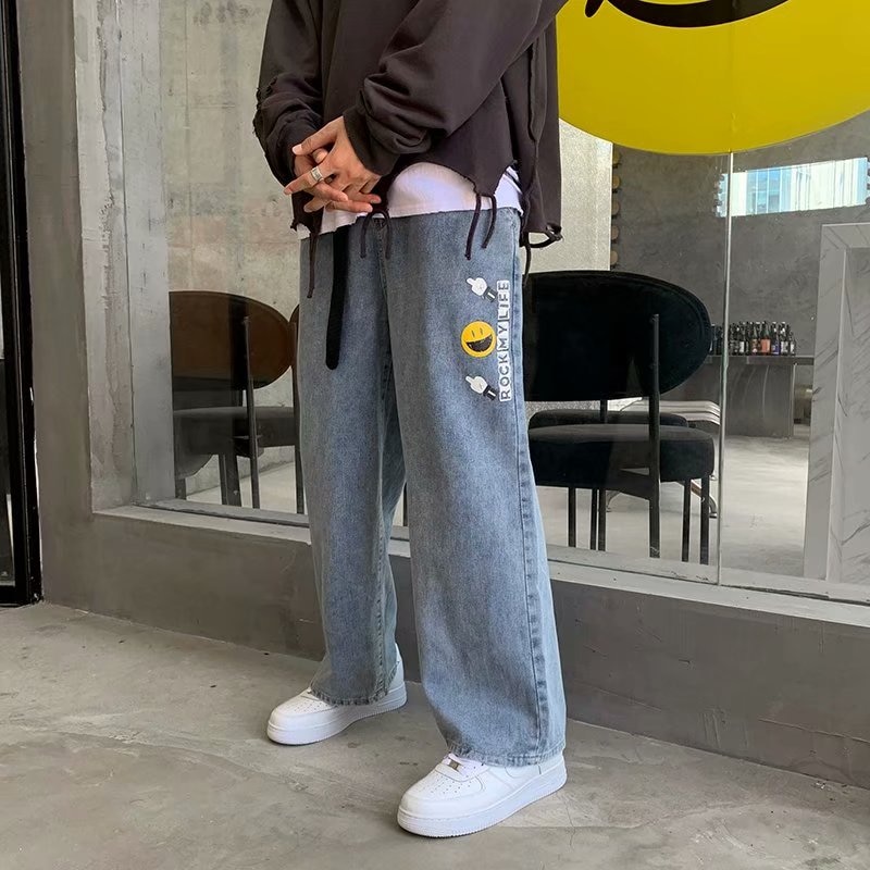 Zazomde mænd jeans efterår tegneserie tryk løse lige cropped bukser ung personlighed trend herretøj