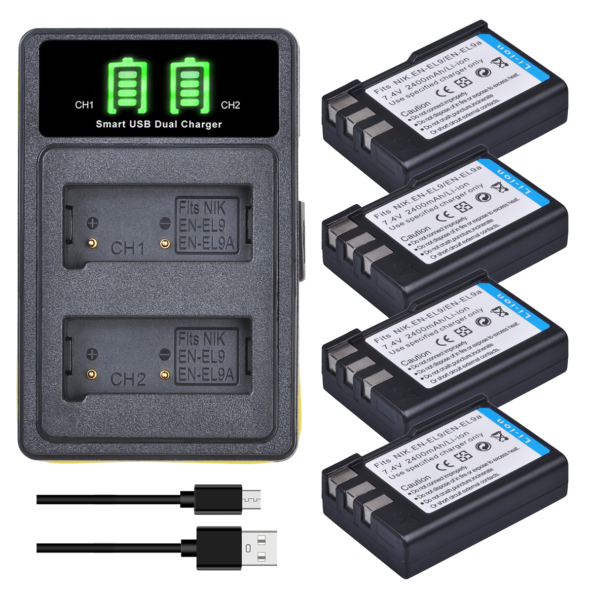 2 Batterie EN-EL9 + Caricatore LCD Per Nikon D40, D60, D3000, D5000 (2000mAh)