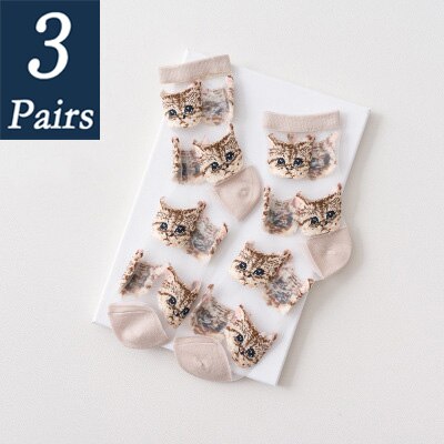 3 par kvinnor och #39 sommar genomskinliga nätstrumpor tecknad söt kattstrumpa bomull glasfilament tunna damstrumpor som andas: 2