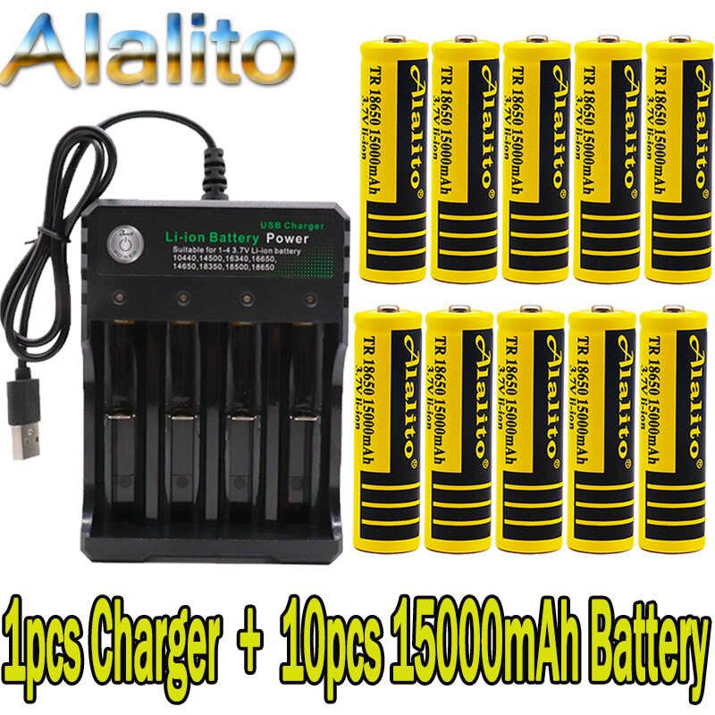 18650 battery 3.7V 15000mAh rechargeable liion battery for Led flashlight battery 18650 battery +USB charger: Green