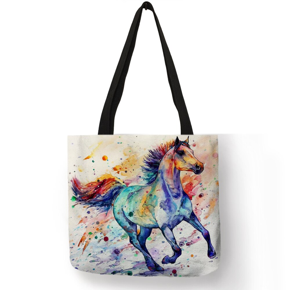 Aquarel Paard Print Linnen Shopping Bag Tote Folding Herbruikbare Reizen School Schoudertassen Casual Handtassen Voor Vrouwen: 003