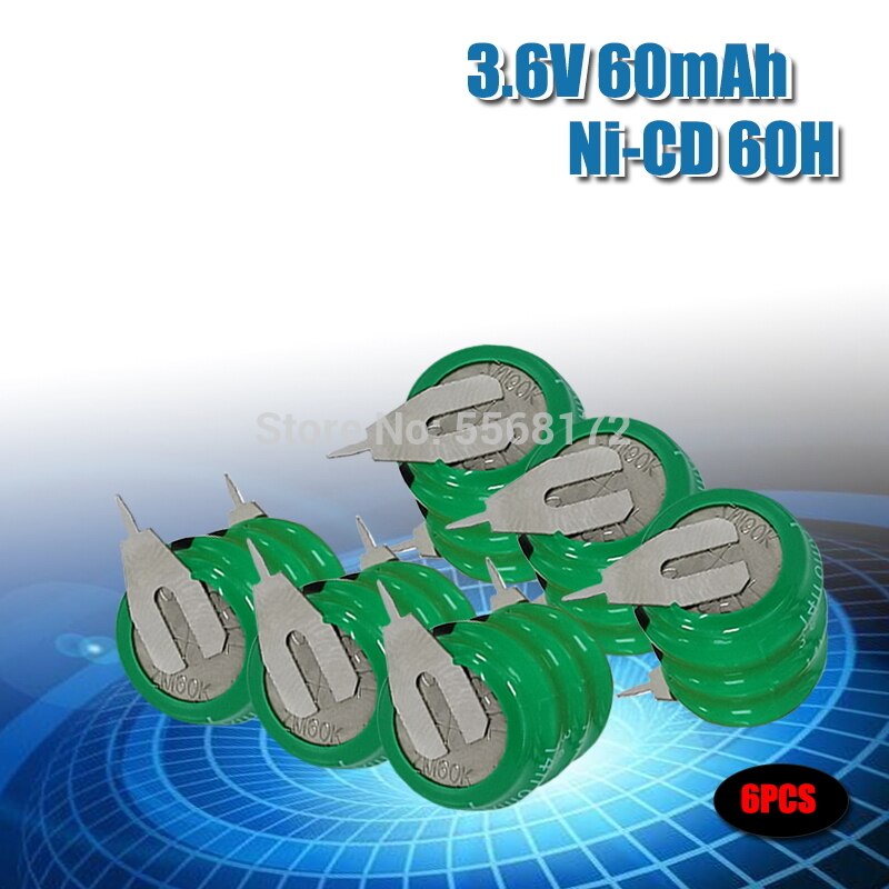 3.6V 60mAh Ni-CD Rechargeable Button Cell Battery NiCD Batteries With Soldering Pins For Wireless Earphones: 6pcs