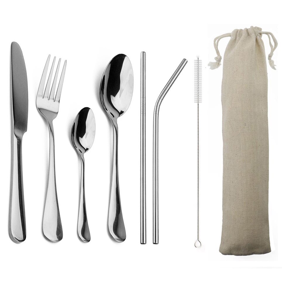 8 unids/set portátil vajilla de acero inoxidable 304 Set de Cubiertos con bolsa pajitas vajilla bolsa de viaje para Picnic: Silver H