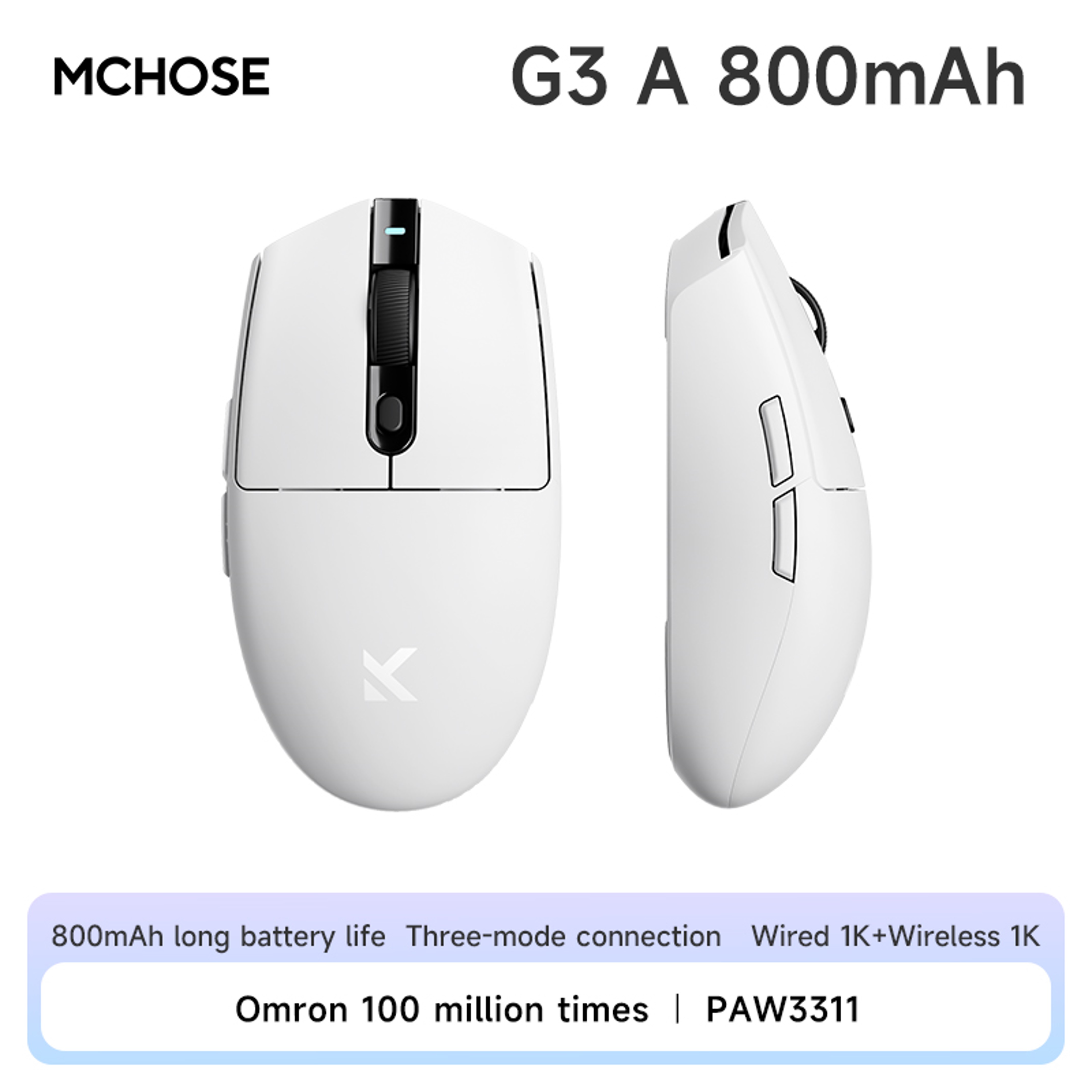 MCHOSE G3 Tri-Mode draadloze gamingmuis-PAW3311-sensor, 2.4G/Bluetooth/bedraad, ultralichte muis Ergonomisch voor pc/laptopgaming: Paars