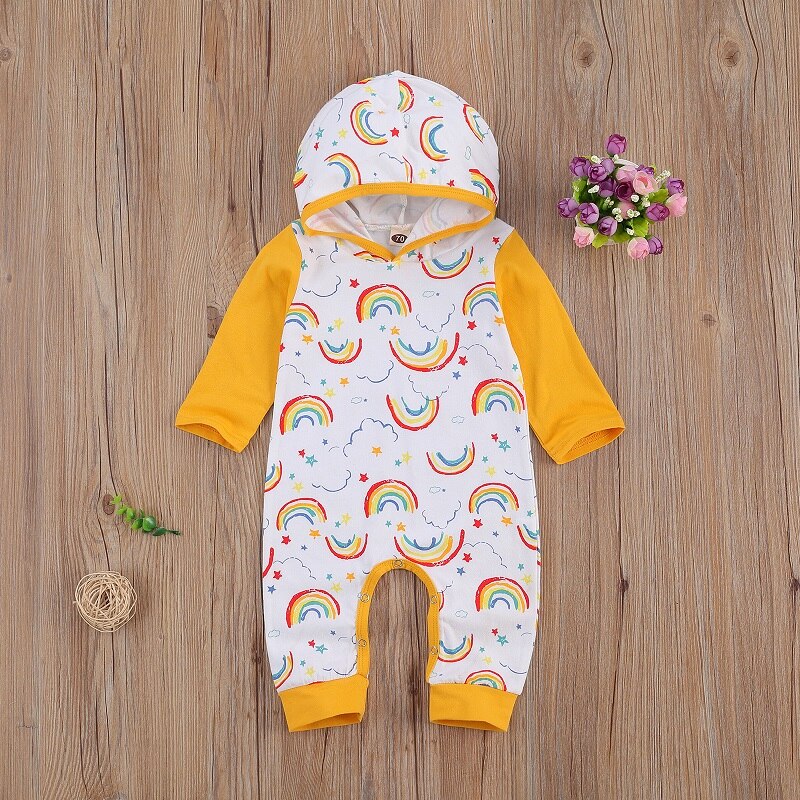 3-24M Cute Newborn Baby Boy Girl Long Sleeve Rainbow Print Hooded Romper Jumpsuit Outfits Baby Clothes