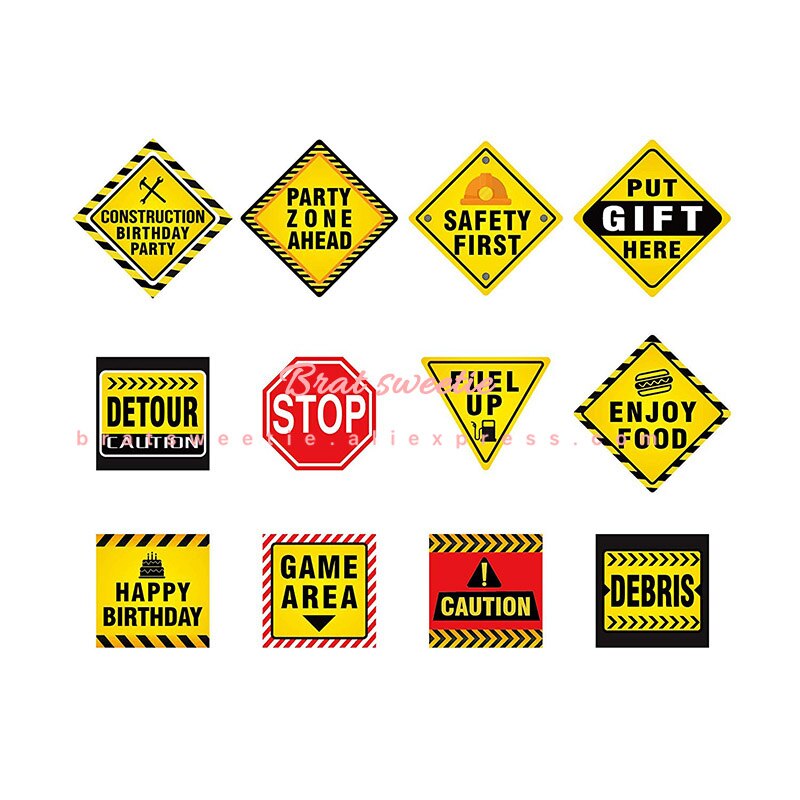 12pcs/set Construction Party Paper Traffic Signs Boys Themed Birthday Decorations Kids Party Supplies