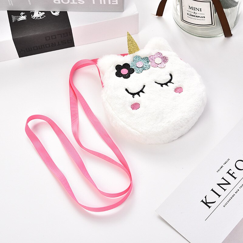 FUDEAM borsa portamonete per bambini unicorno morbido peluche simpatico cartone animato animale borsa a tracolla per bambini borsa da viaggio Mini Messenger femminile: Round White