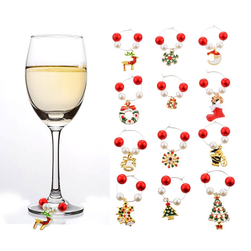 (Homemade) 12Pcs/set Christmas Party Glass Pendant Acrylic Beads Zinc Alloy Pendants Wine Glass Cup Ring Decorations Markers