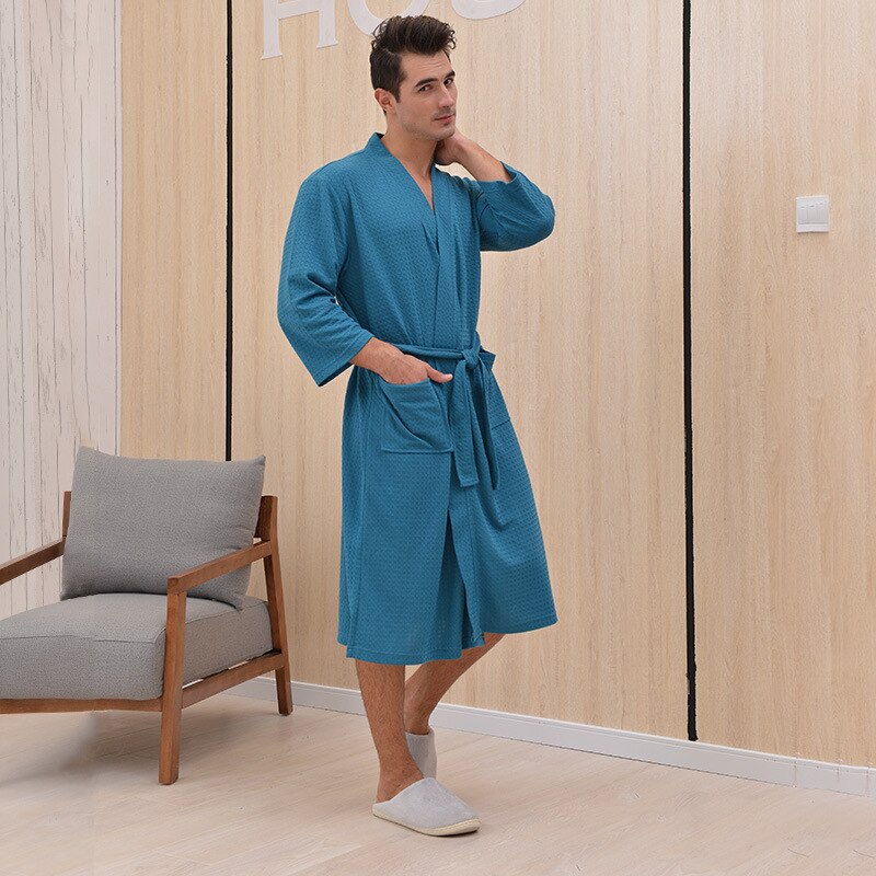 Grande taille robe de chambre homme gaufre Plaid peignoir homme solide bain Rob Hotel maison chemise de nuit à manches longues à lacets manteau pyjamas: Green / M(40-70kg)