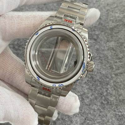 40Mm Transparante Bodem Horloge Case + Zand Riem Strap Extension Gesp Platte Saffierglas Geschikt Voor NH35/NH36 beweging: No Bezel