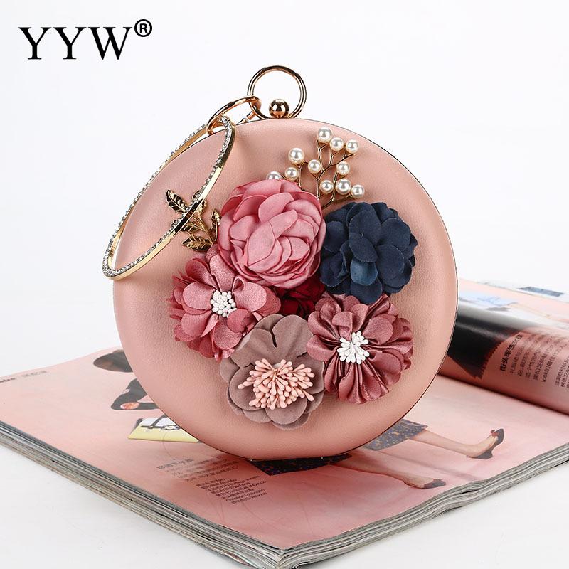 Roze Ronde Bloem Clutch Bag Womens Circulaire Ring Handtas Plastic Parel Strass Bruiloft Purse Pochette Femme