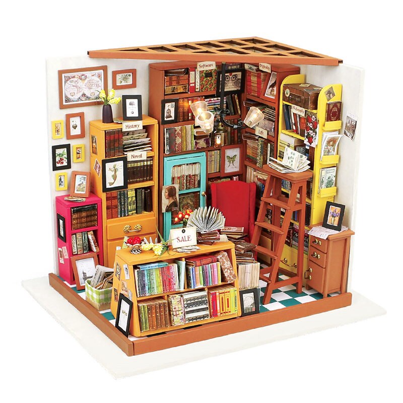 Robotime 15 Kinds DIY House with Furniture Children Adult Miniature Wooden Doll House Model Building Kits Dollhouse Toy: Sam Study room