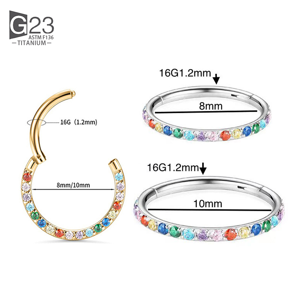 100% G23 anillo de titanio para la nariz para mujer pequeño tabique Nasal cartílago aro pendiente Piercing 16 gramos frontal Lnlaid Rainbow CZ bisagra