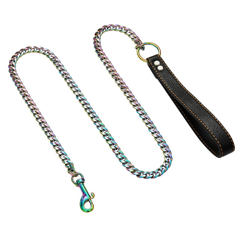 Colorful Heavy Duty Dog Chain for Big Dogs Pitbull Gold Stainless Steel Dog Leash with Leather Handle Pet Stuff Accessories