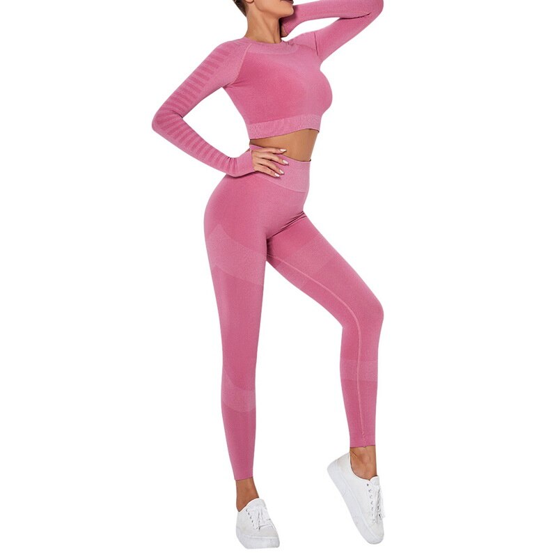 Vrouwen Stiksels Kleur Trainingspak Twee Delige Set Lange Mouwen Korte Lengte Top Elastische Taille Broek Vrouwen Sportkleding: pink / S