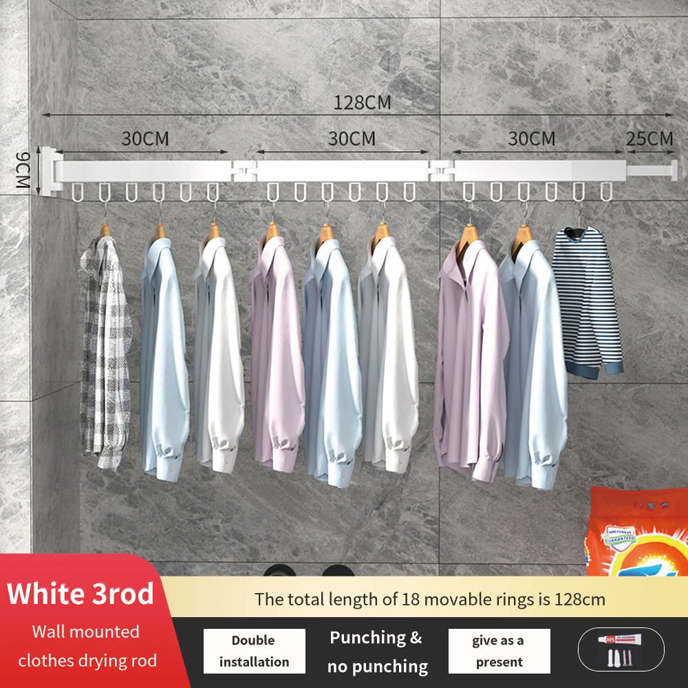 Cintre pliant rétractable pour le séchage des vêtements, espace intérieur et extérieur, en aluminium, pour l&#39;organisation des vêtements ménagers, WB3027: White 3 Rod