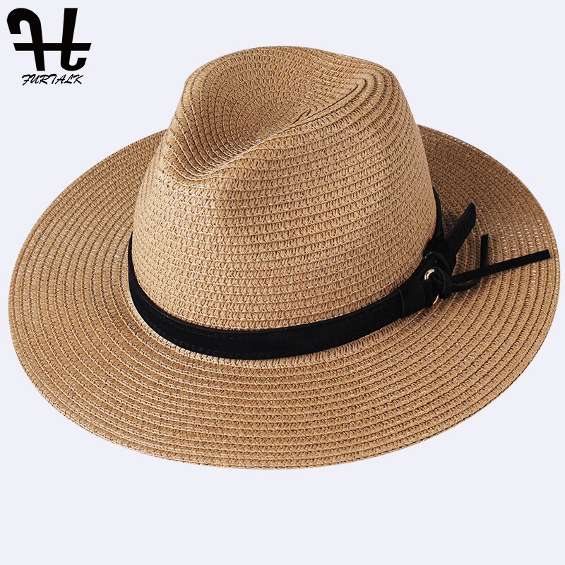 Furtalk Zomer Strooien Hoed Voor Mannen Vrouwen Zon Strand Hoed Mannen Jazz Panama Hoeden Fedora Brede Rand Zon Bescherming Cap met Lederen Riem