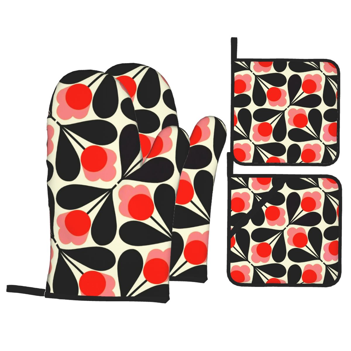 Orla Kiely Multi Stem Oven Mitts and Pot Holders Sets of 4 Floral Heat Resistant Non Slip BBQ Kitchen Gloves for Baking Cooking: Gold