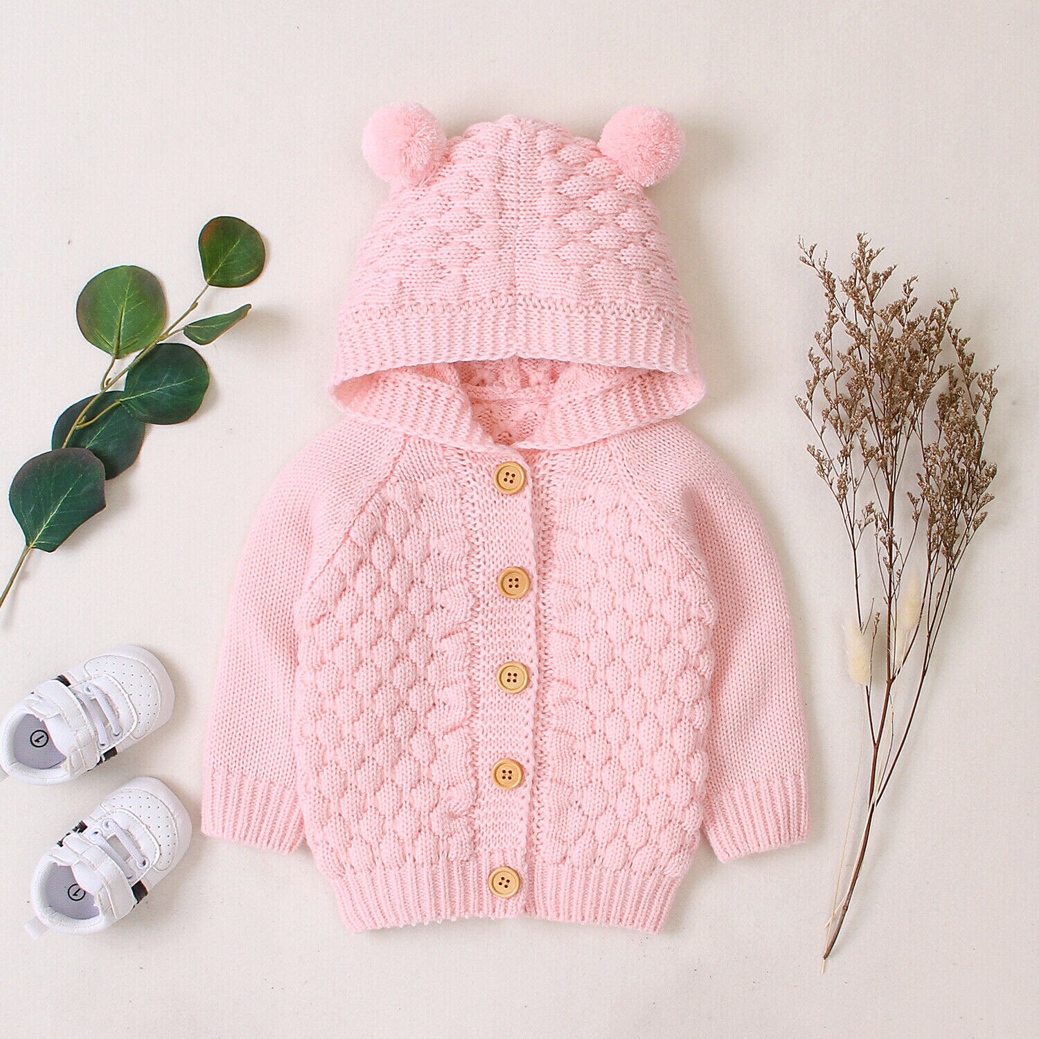 Peuter Baby Kids Jongen Meisjes Gebreide Jas Jas Oor Hooded Uitloper Winter Blouse Trui Gebreide Truien Vest Warme Kleren: Roze / 6m
