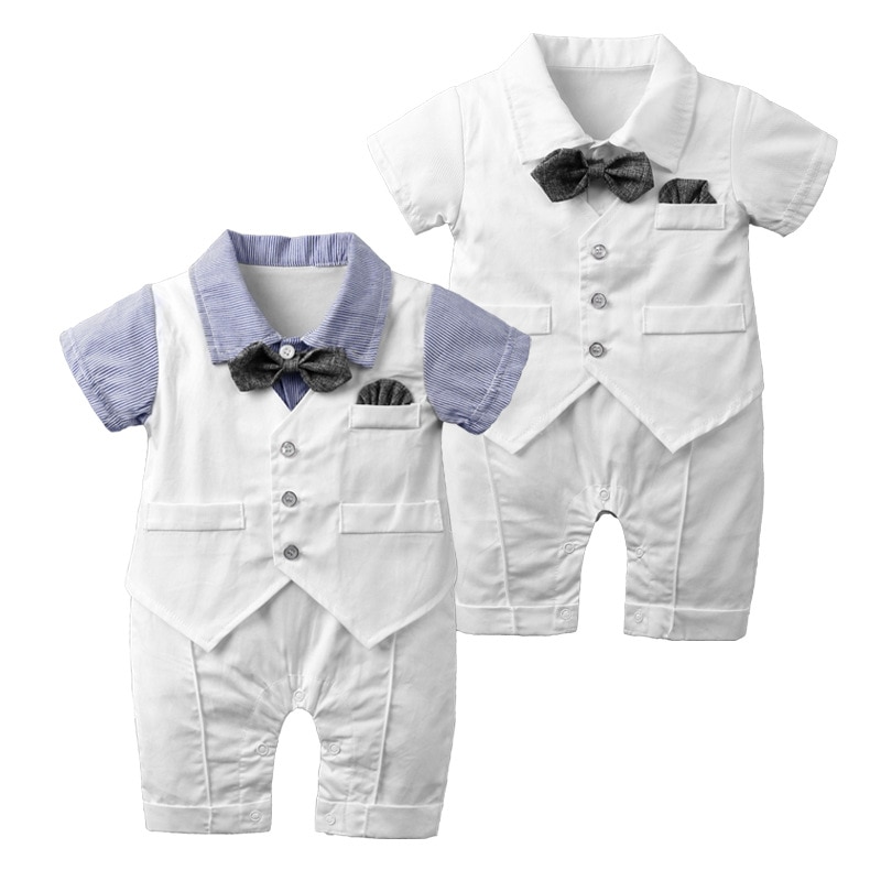 Neue geboren strampler Gentleman fliege kurzarm sommer kleidung hochzeit partei kostüm neugeborenen Baby Gesamt weiß blau