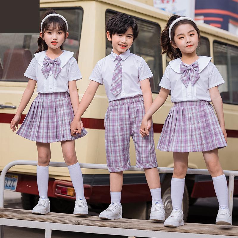 Girls Boys Primary School Uniform Set Children Jk Summer Academy Performance Class Plaid Pleated Skirt Short Sleeve Shirt Suit
