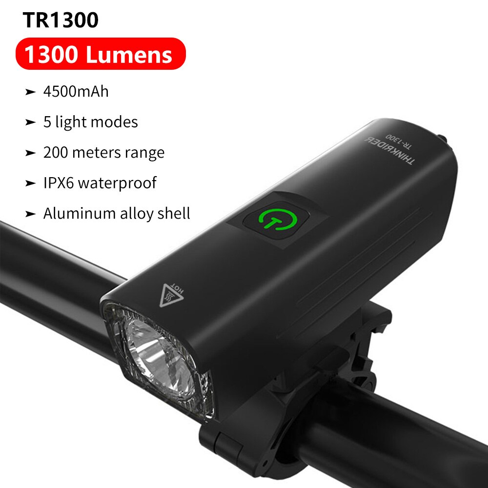 ThinkRider-luz de 1300 lúmenes para bicicleta, Faro de 4500mAh para manillar, linterna con carga USB, para ciclismo de montaña o carretera: TR-1300