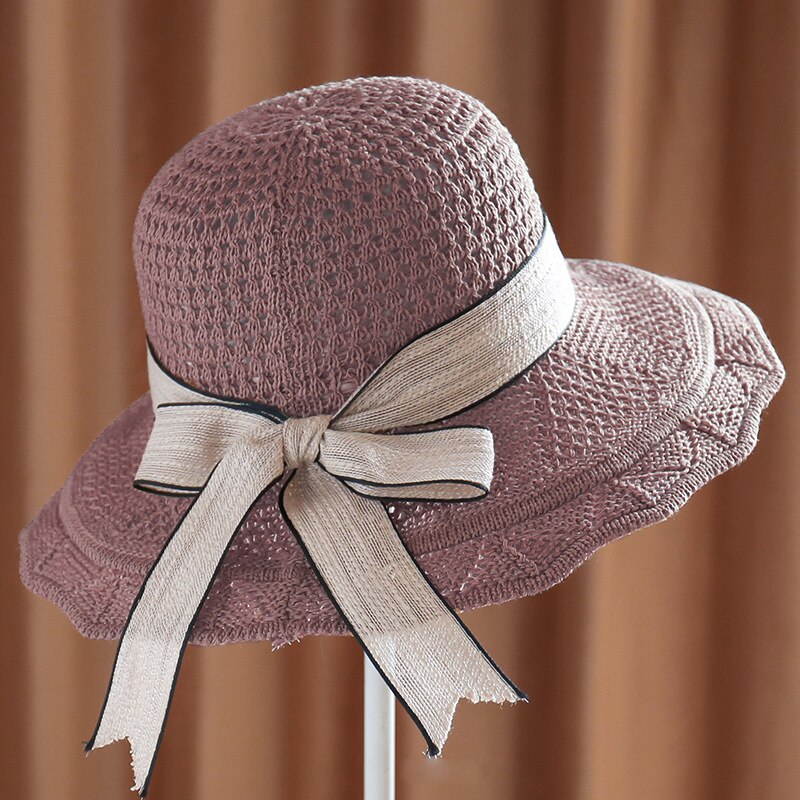 Spring Summer Cotton Knitted Bow Sun Hats Ladies Shade Straw Hat Breathable Big Brim Basin Hat Sunscreen Beach Caps