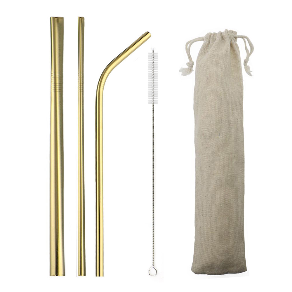 Multi 5-Pcs Eco Friendly Reusable Straws Set 304 Stainless Steel Straw Metal Smoothies Drinking Straws Set with Brush Pouch Bag: Gold