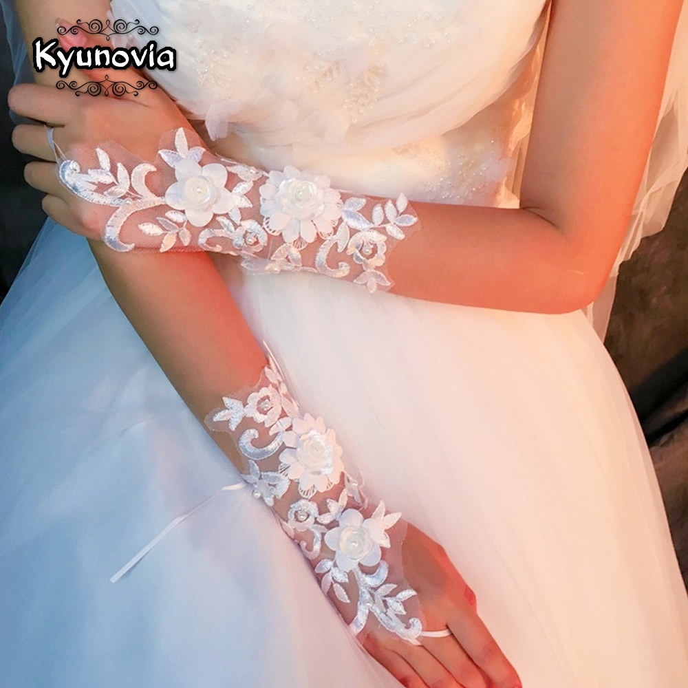Kyunovia najlepszy ślub białe krótkie rękawiczki bez palców eleganckie perły wieczorowe rękawiczki ślubne rękawiczki ślubne D78