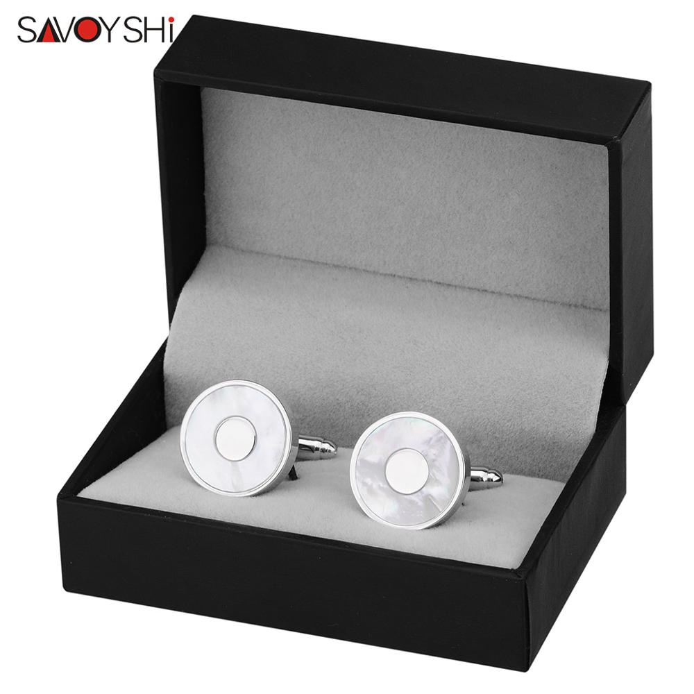 SAVOYSHI Silver color Mens Cufflinks Brand White Shell Cuff links Round Formal Business Wedding Shirts Jewelry: Cufflinks with Box A