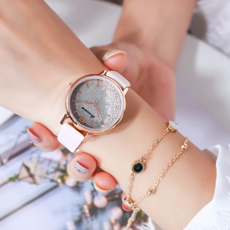 Scroll diamant dames casual leren dameshorloge quartz polshorloge sterrenhemel damesklok reloj mujer relogio feminino: Witte set