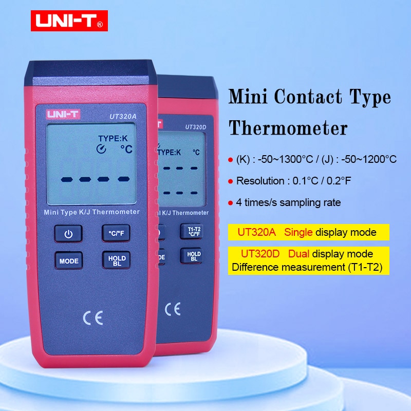 UNI-T UT320A UT320D termómetro de termopar Mini tipo de contacto doble canal K/J medidor de temperatura de fondo de datos mantener automática