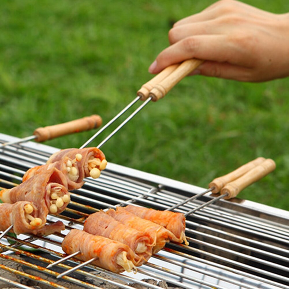 10pcs Flat Barbecue Stick BBQ Camping Roasting Needle With Wooden Handle Brochette Tong Kebabe Skewers Wooden Roasting Tools
