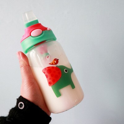 Bouteille d'eau en verre avec animaux pour enfants, avec sangle de sac en paille, couvercle supérieur verrouillable, anti-fuite, sans BPA, pour garçons, voyage randonnée, 500ml: Elephant without bag