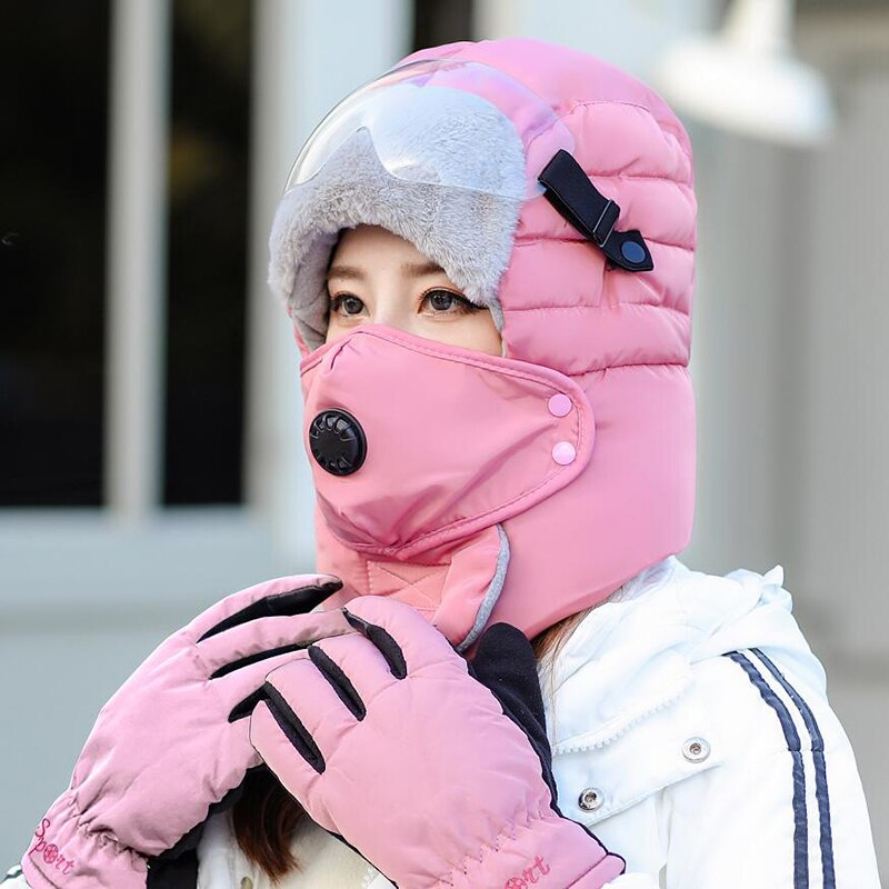 neue Original Winter Hüte Für Frauen Neue Warm Cap Winter Männer Wasserdichte Kapuze Hut Mit Gläser Kühlen balaclava: pink / safety goggles hat