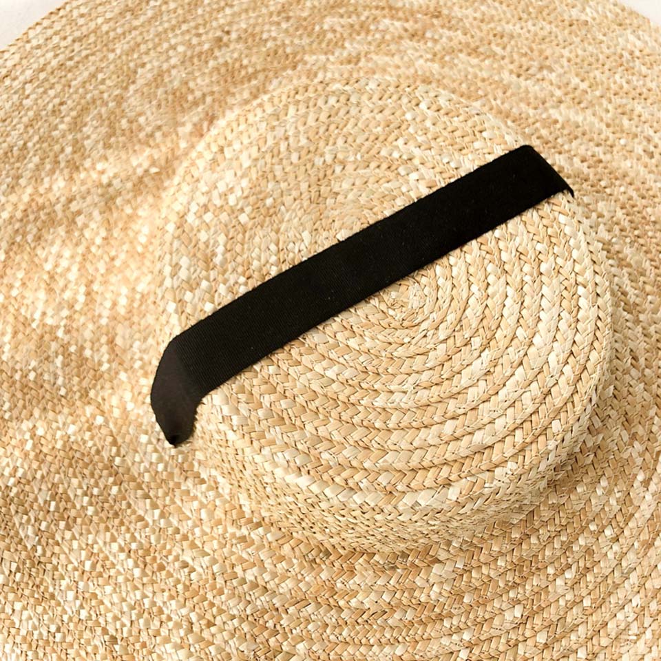 Kvinder raffia bred randen båd hat 15cm 18cm randen stråhat flade kvinder sommer med hvid sort bånd slips sol hat strand cap