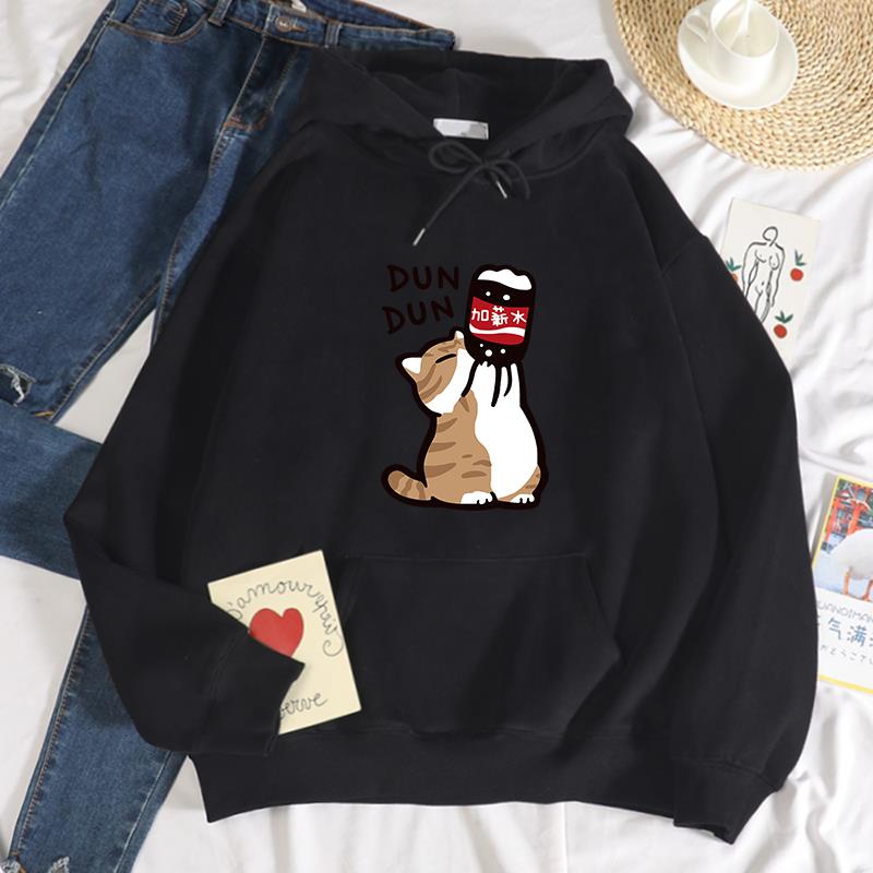 Dun Dun Gehalt Zunahme komisch Katze Drucken Hoodies Damen Herbst Übergröße Hoodie Einfache Vlies Sweatshirts Straße S-Xxl Hoody: M / Beige