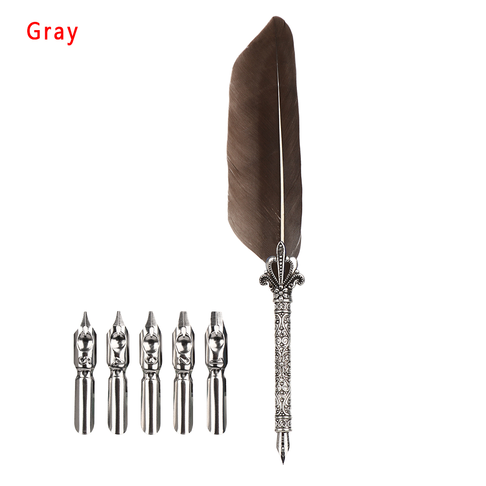 1Set Feder Dip Brunnen Stift Chancery Quill Türkei Schrägen Stifte + 5 stücke Nib Geschnitzte Metall für Phantasie Kalligraphie vintage Stift: gray