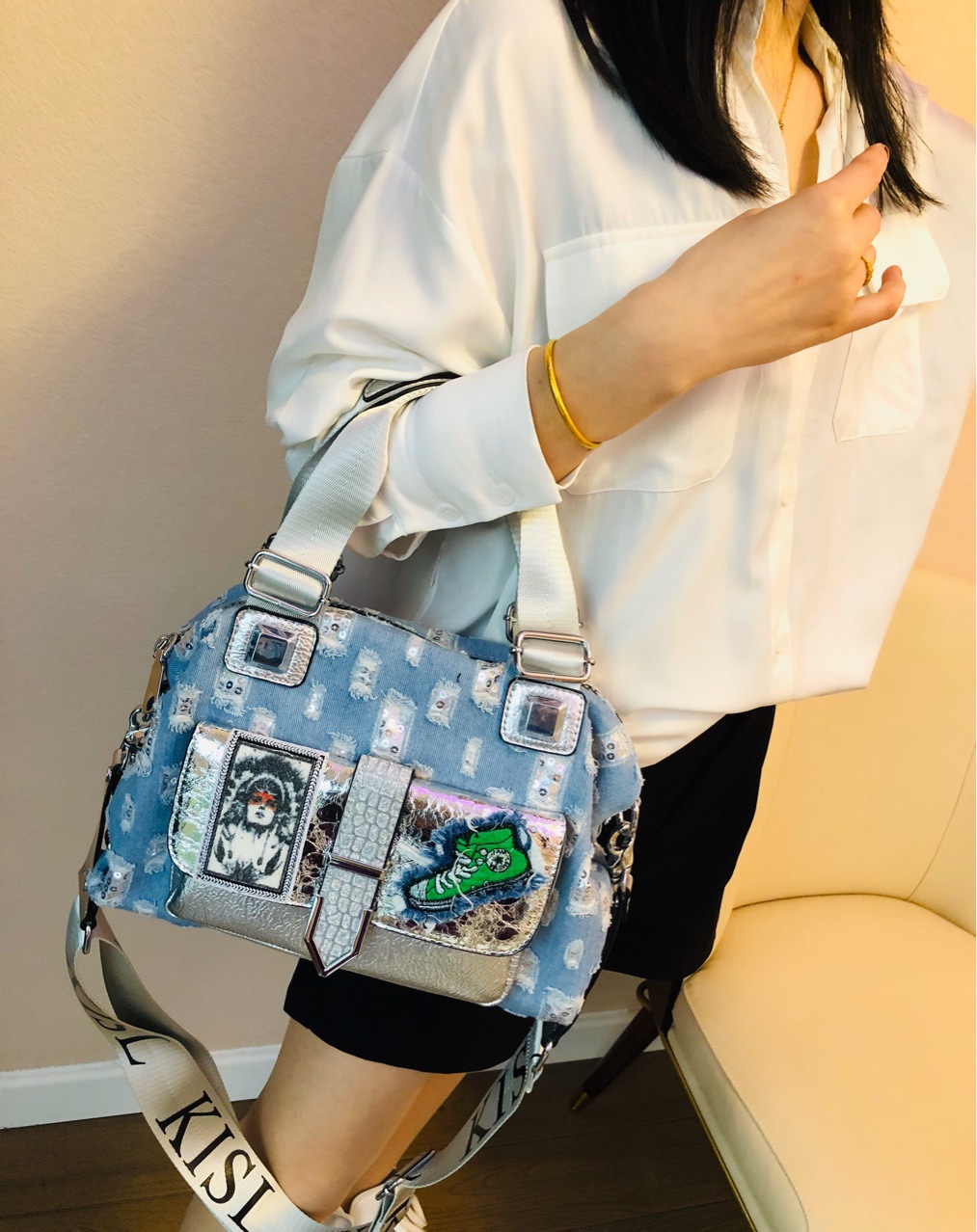 Sac à main en tissu Denim déchiré pour femmes, sacoche à la , , loisirs quotidiens, taille moyenne, Hobo: Bleu