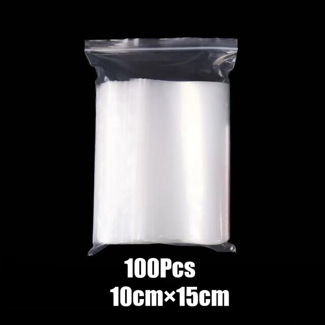 100 stk/pose genanvendelige plastikposer kraftige gennemsigtige smykker lynlås lynlås genlukkelig poly klar emballagepose forskellige størrelser: 10 x 15cm